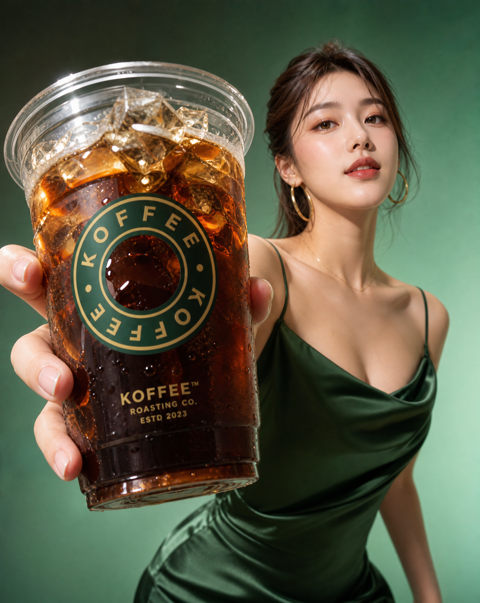 一张高端[咖啡饮品]商业广告大片，[一位韩国网红美女]穿着[墨绿色缎面时尚吊带裙]，妆容为[精致清透的韩式妆容]，配饰为[金色圆圈耳环]，人物…