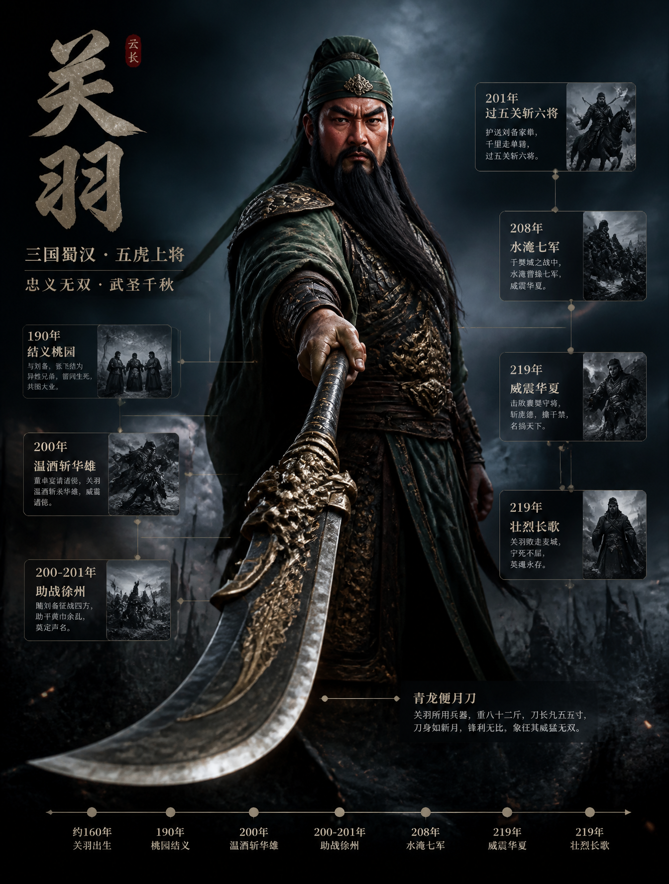 请创作一张竖版 3:4「现代人物3D立像档案海报」。主题人物：关羽人物身份：三国时代蜀国五虎将之一核心成就：辅助刘备建立了蜀国，是三国时代武力…