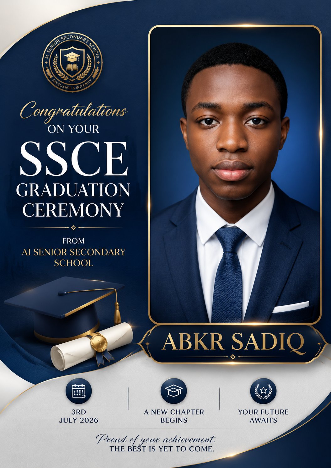 Create an ultra-luxury, modern graduation announcement poster with a cl…