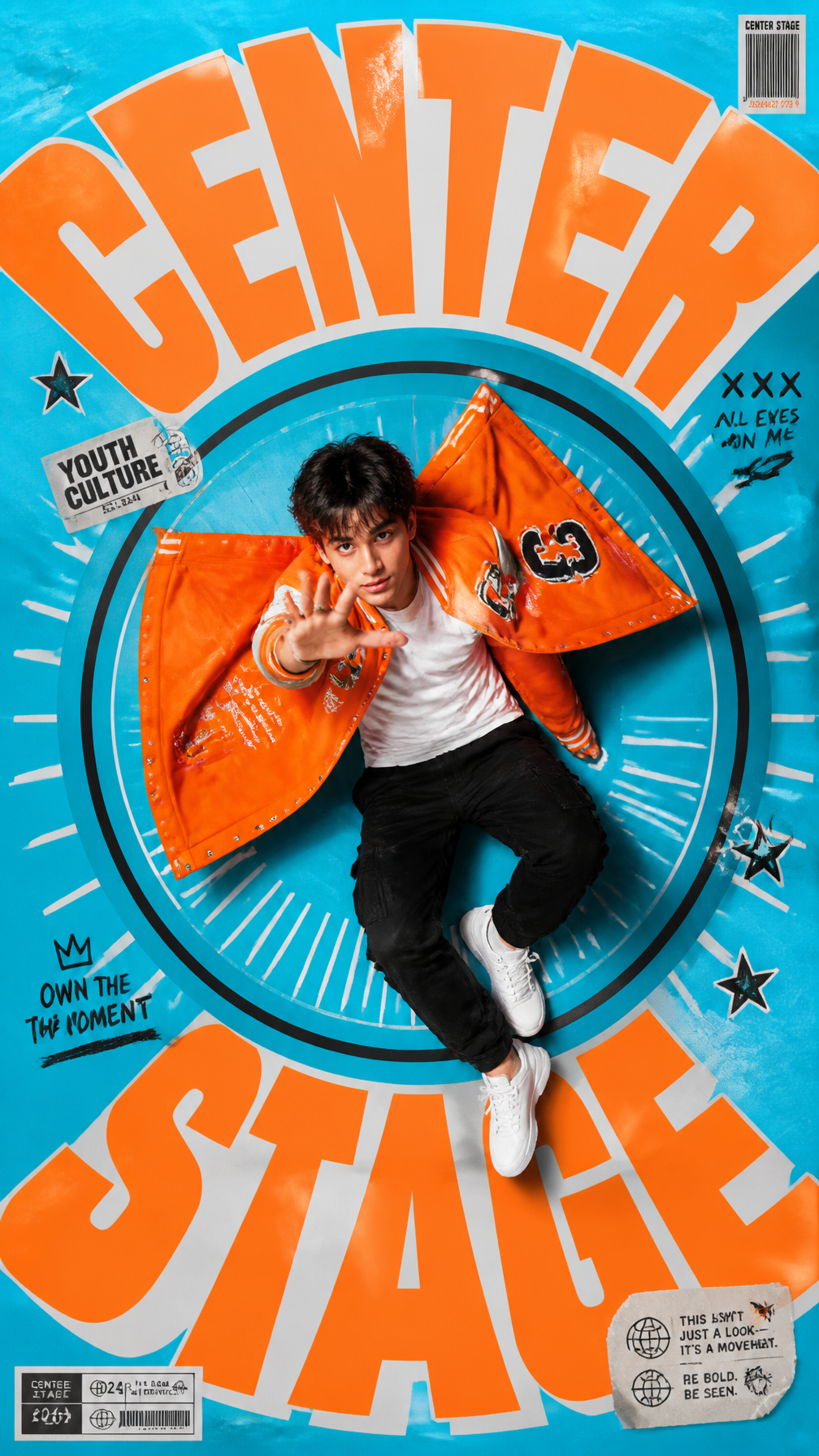 A premium 9:16 youth-culture fashion poster.Main Subject:A young male m…