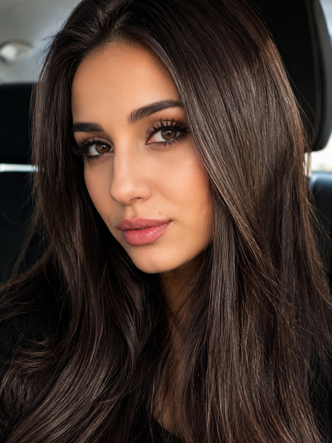 Ultra-realistic close-up beauty selfie of a stunning young woman sittin…