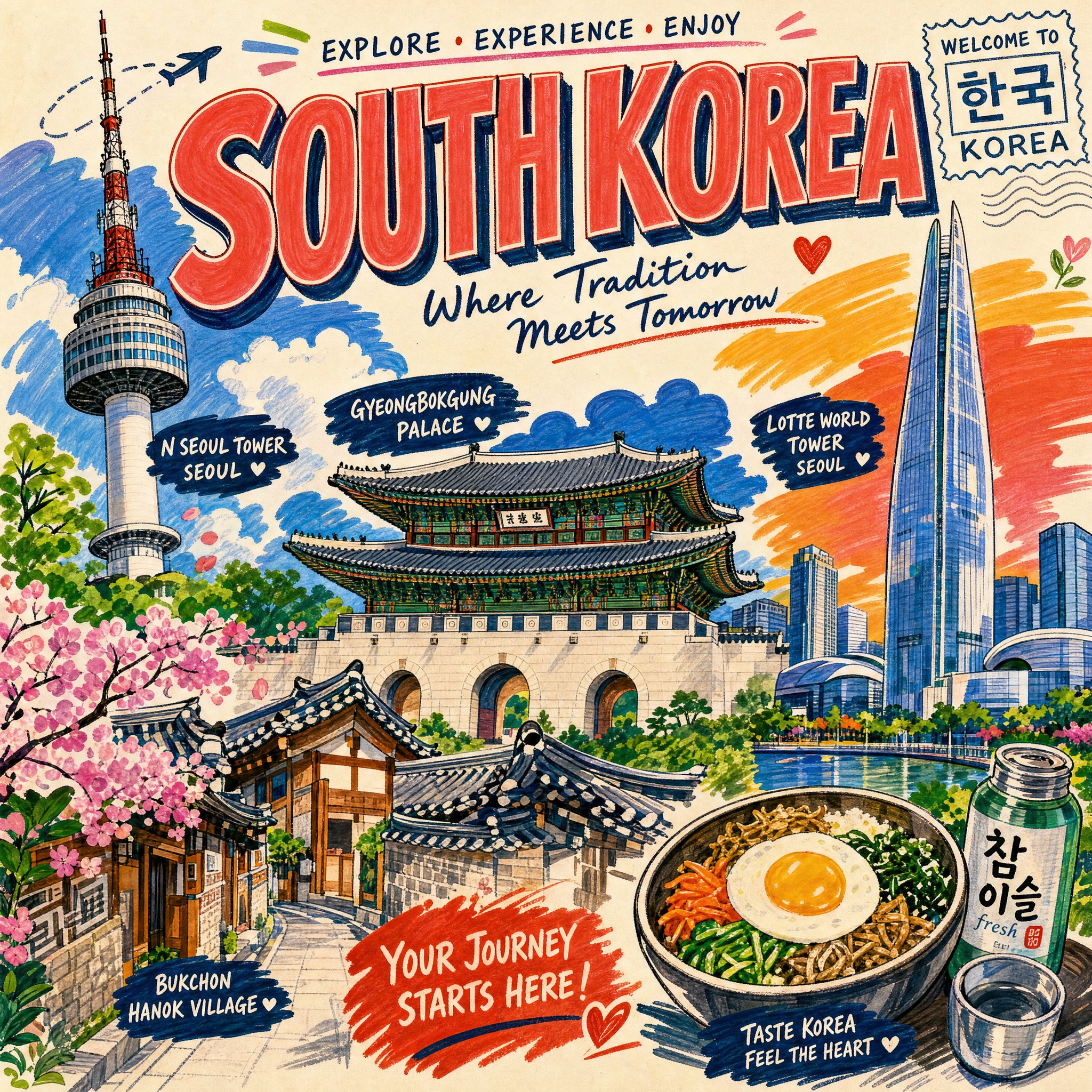 A tourist poster of [CITY / LOCATION] in vibrant marker art style, feat… 2