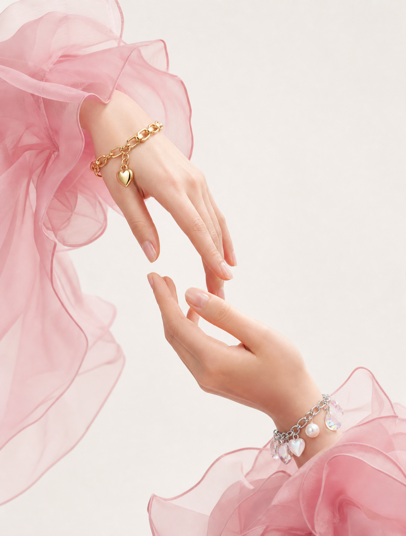 Two delicate hands reach toward each other in a graceful, symmetrical a…