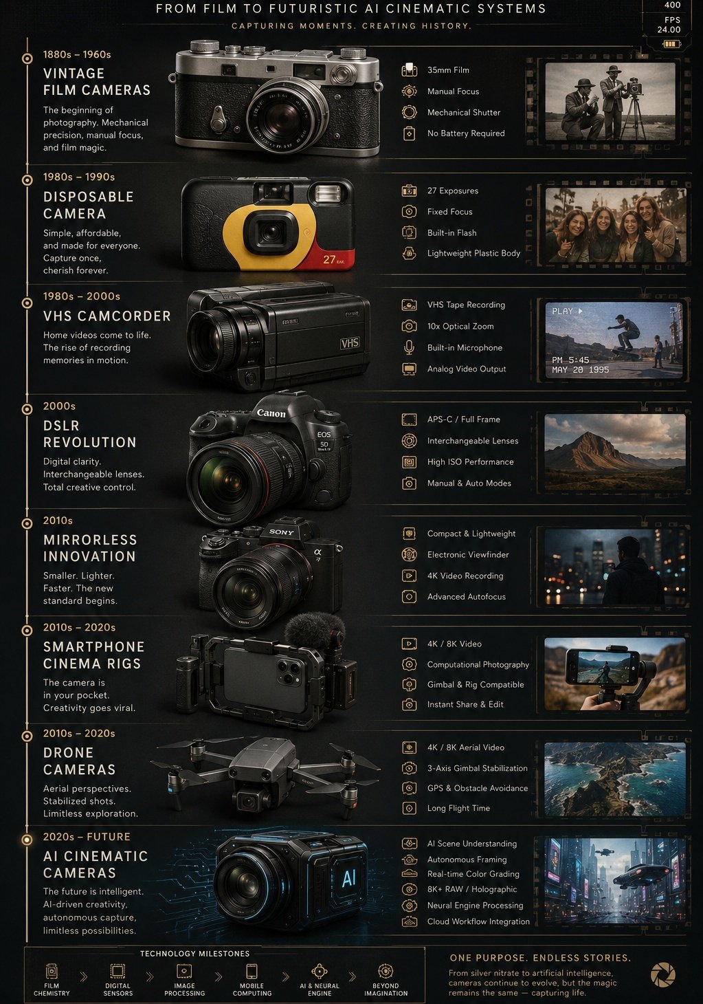 Ultra detailed vertical infographic poster showing the evolution of cam…