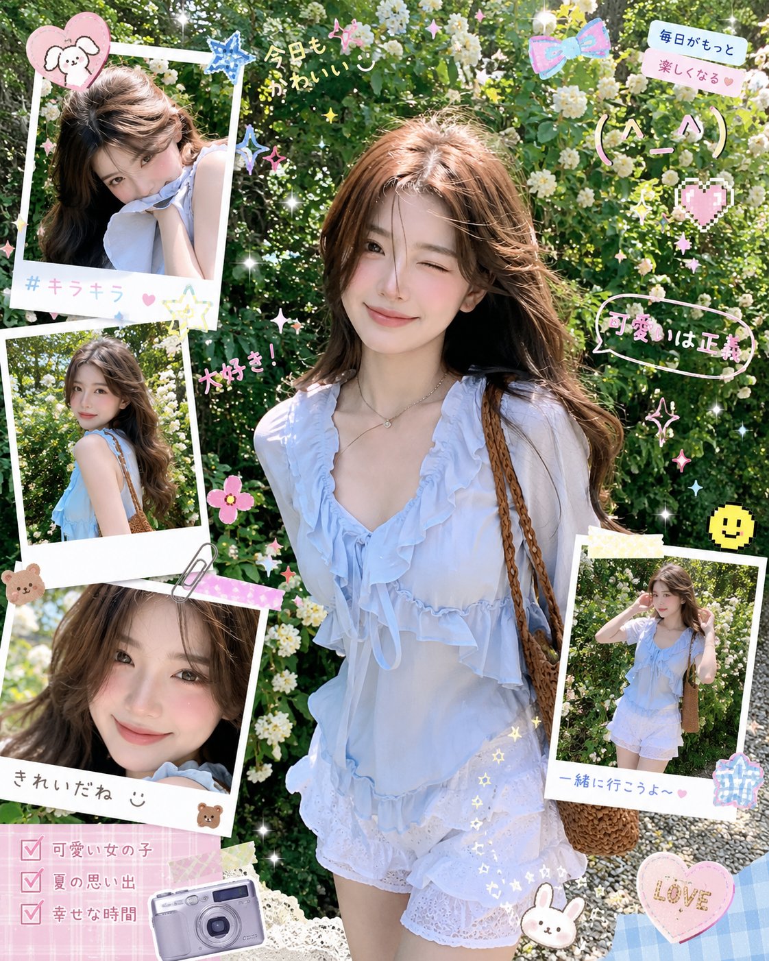 A dreamy Korean-inspired Y2K aesthetic portrait of a cute young woman s…