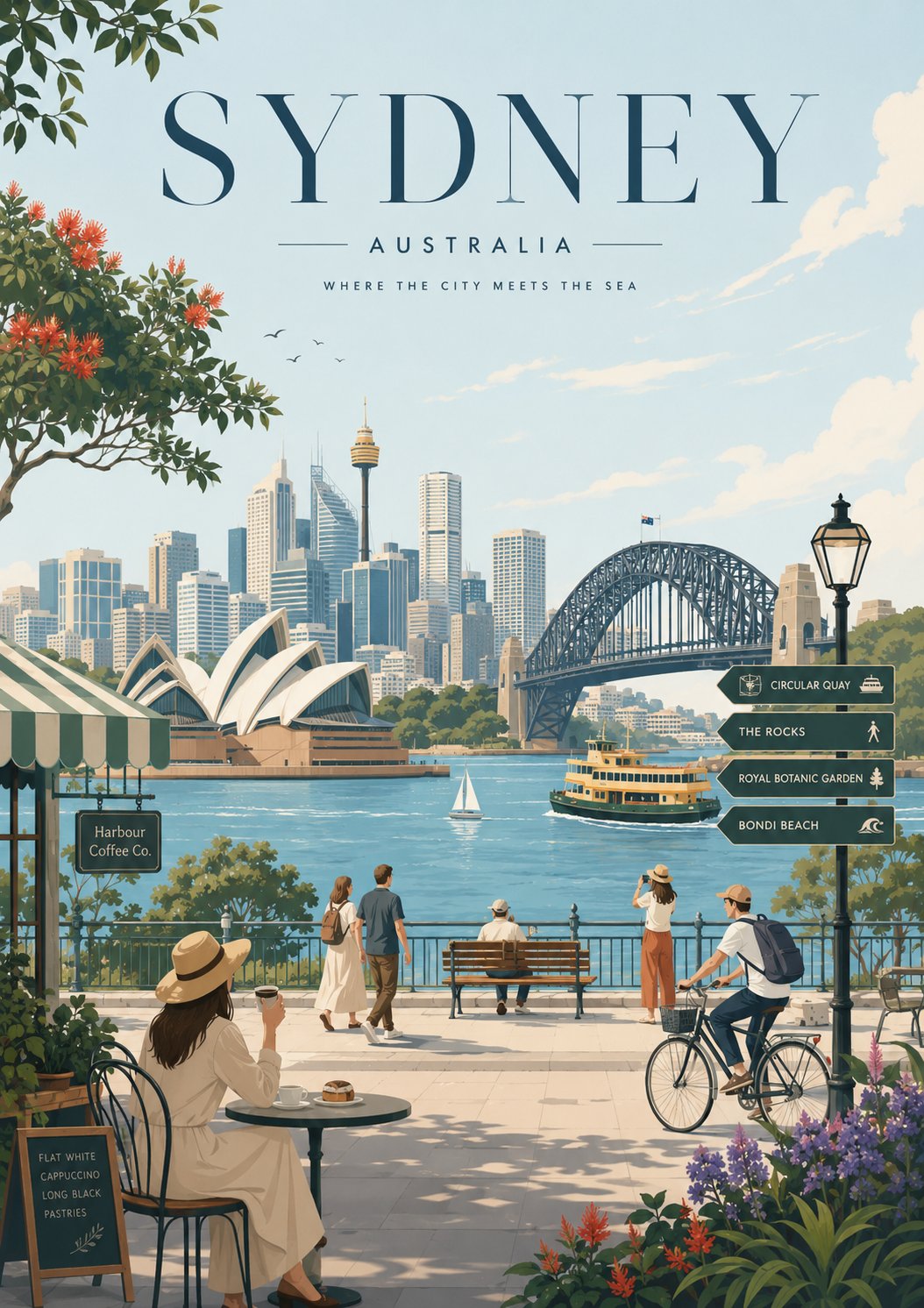 Create a minimalist travel poster illustration in a soft editorial flat… 1