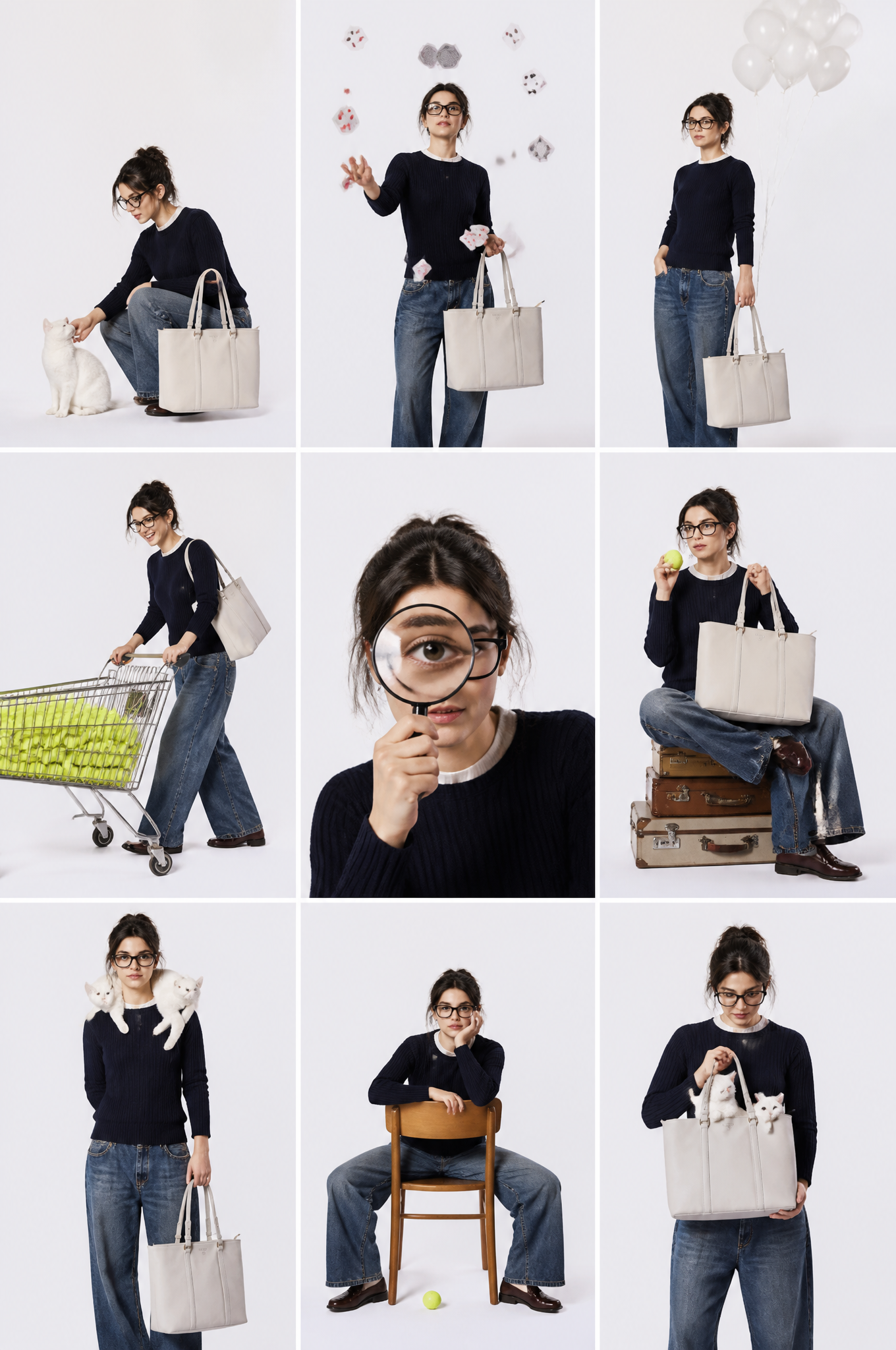 studio fashion collage, 3x3 grid layout, same subject repeated in diffe…