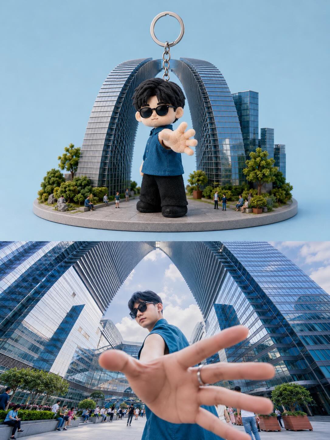 Create a split-screen composition showing a realistic collectible keych…