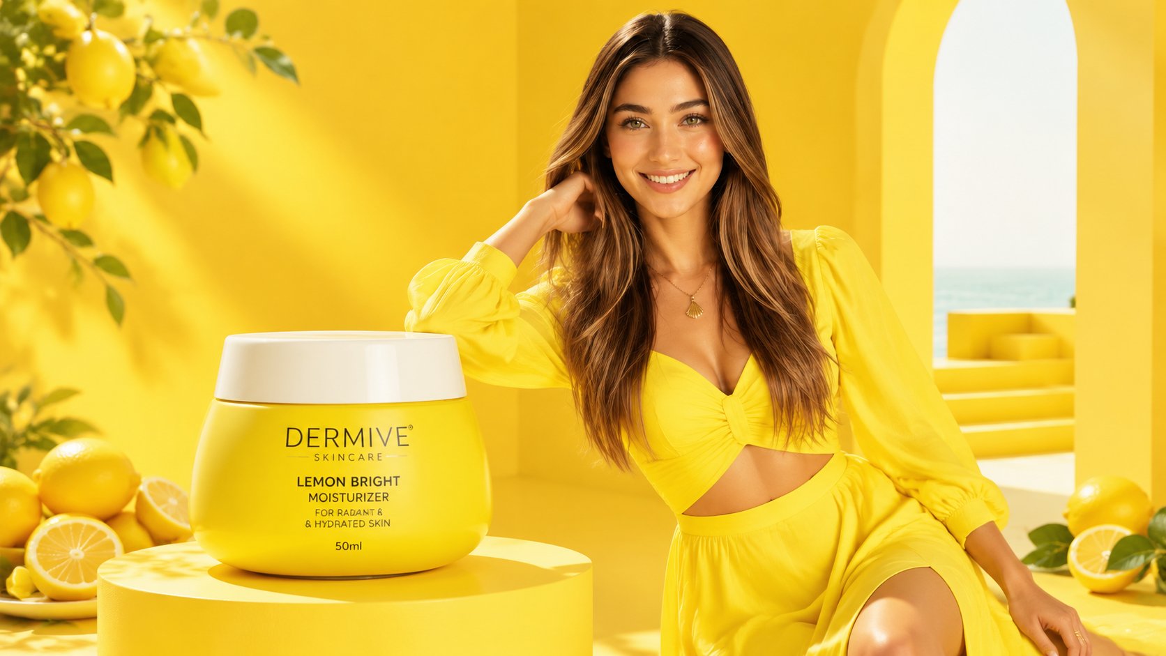 A premium, high-end skincare advertising scene designed in a vibrant mo…