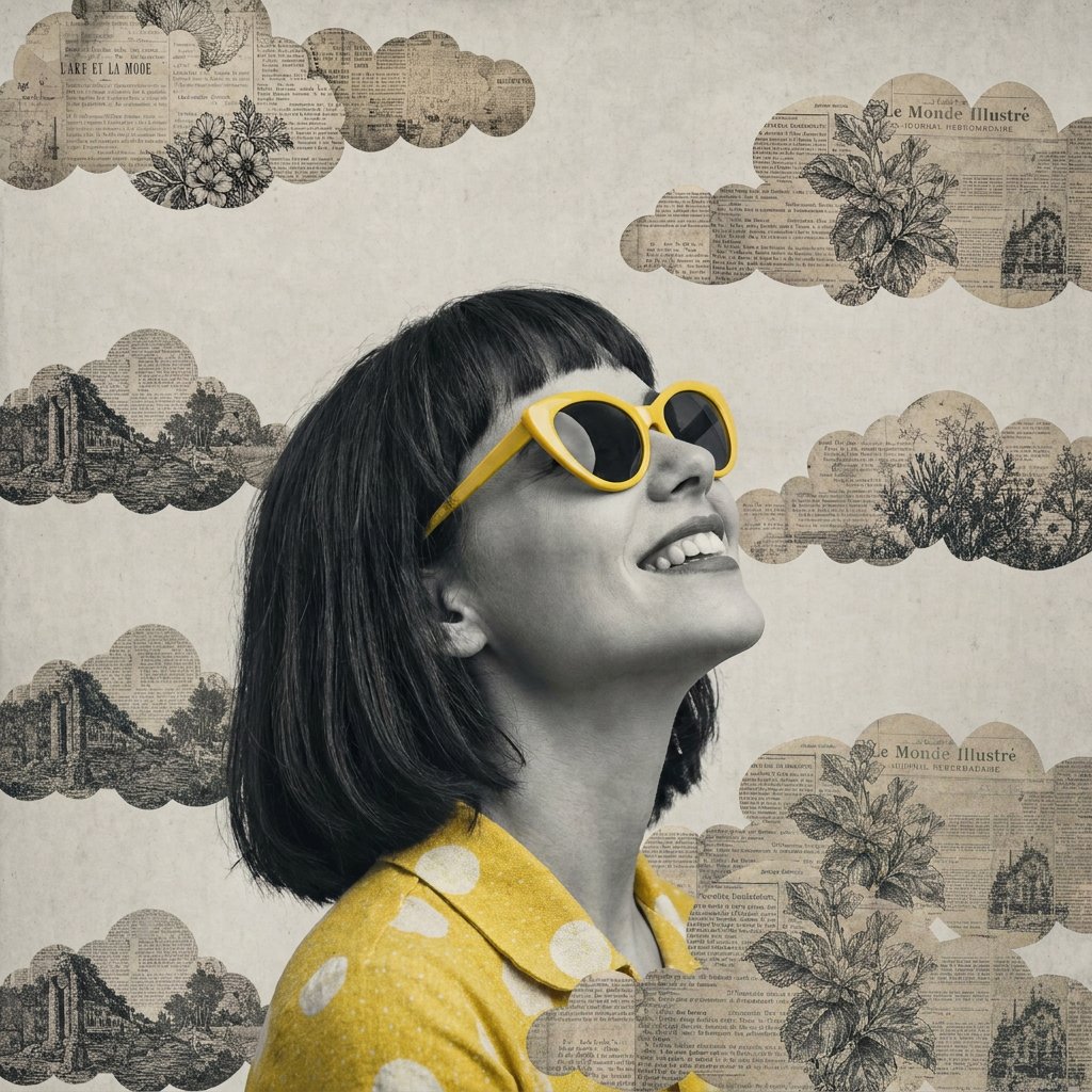 Surreal mixed-media collage artwork, black and white photograph of youn… 1