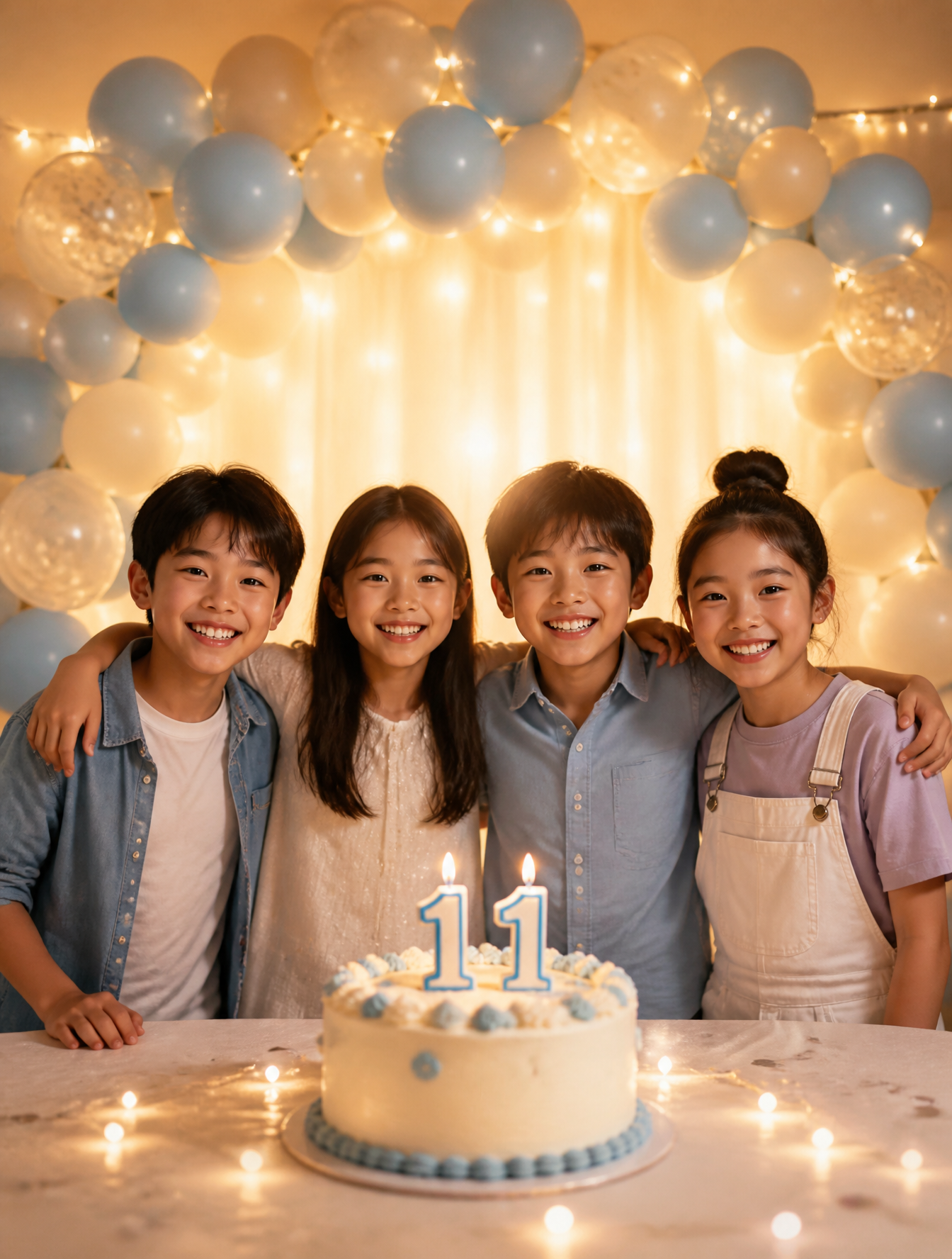 Four children stand in a horizontal line behind a birthday cake, positi…