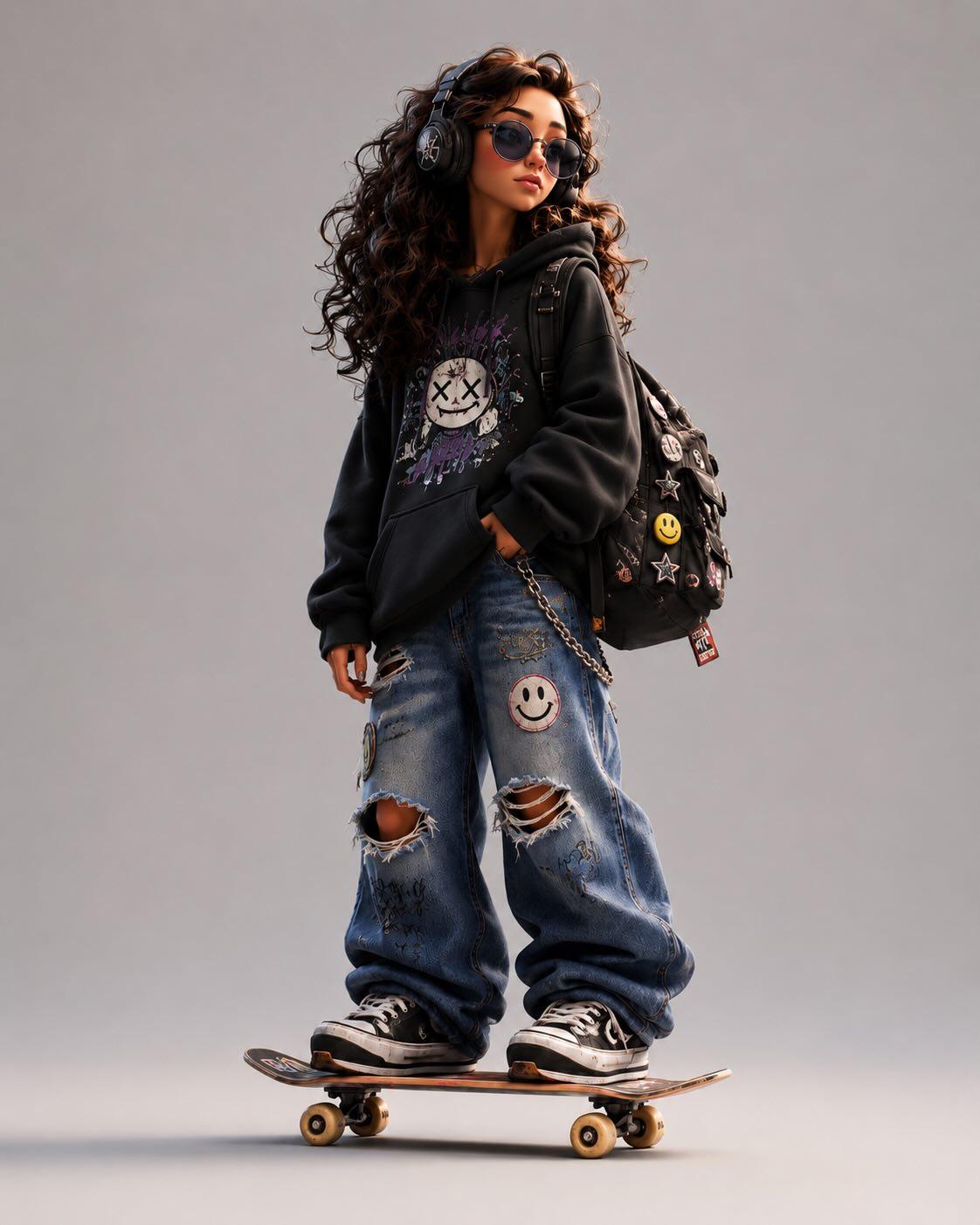 prompt: Design a stylized 3D cartoon skater character with a premium an…