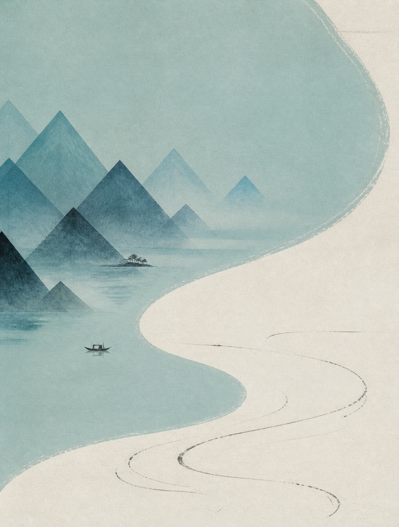 一幅融合宋代山水画意境与极简主义构成的现代艺术作品。画面以天青色为主调，占据60%面积。采用S型构图，远山以几何化的三角形层叠呈现，近景留白处…