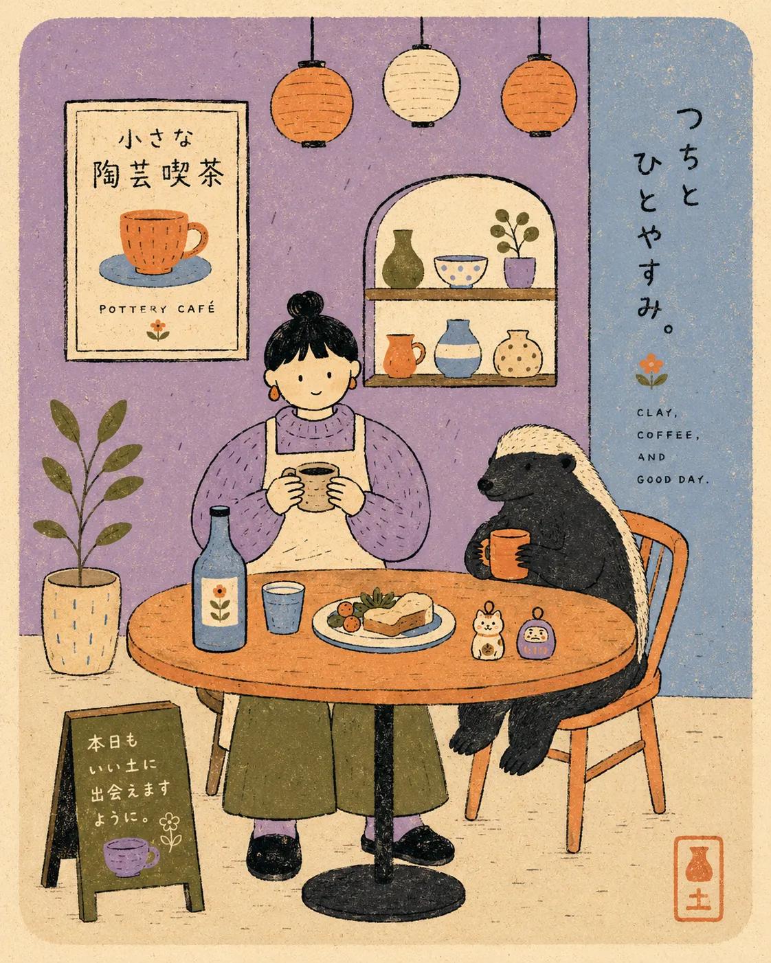 Whimsical Japanese retro café illustration, cozy slice-of-life aestheti… 2