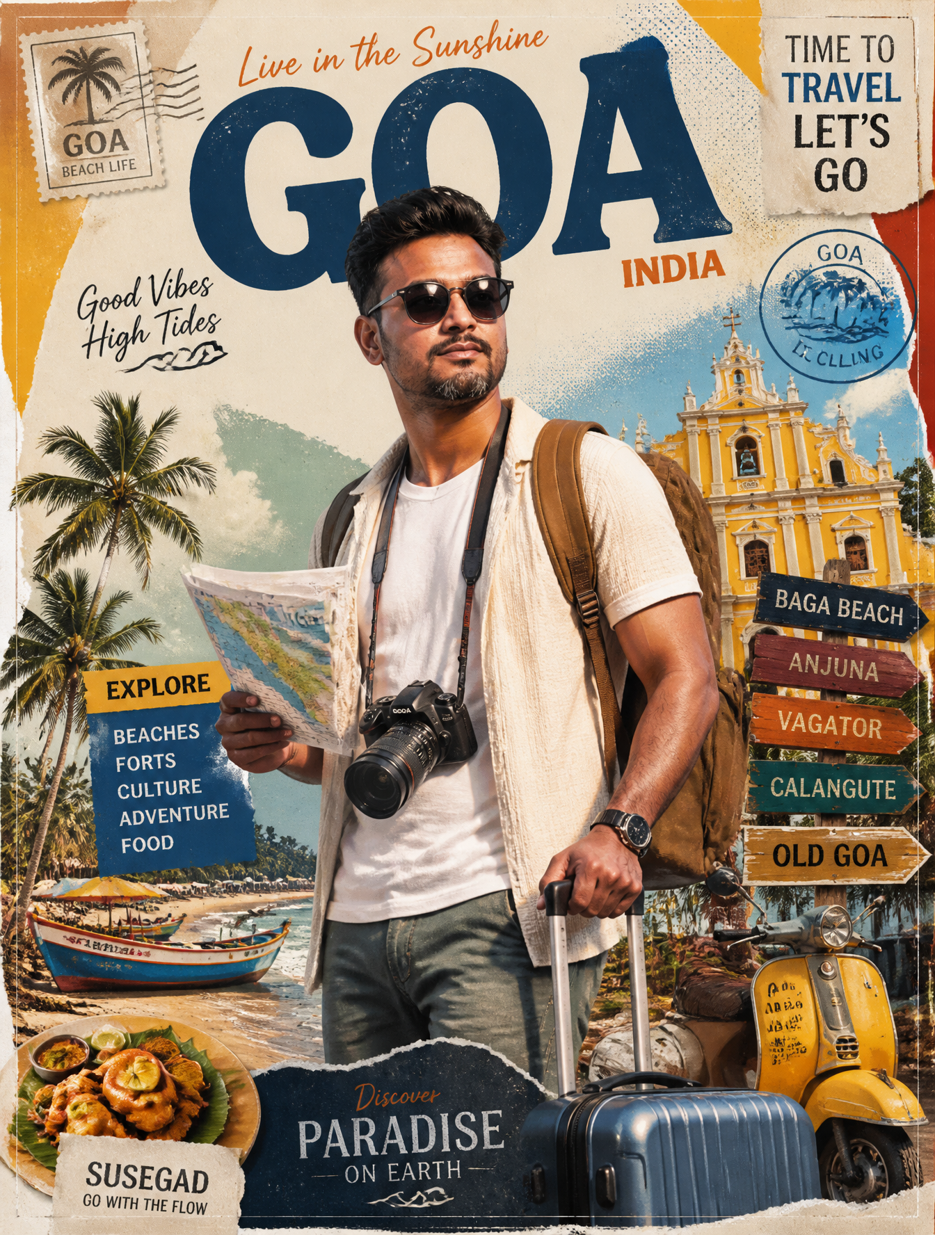 Create a stylized travel poster for GOA.The main subject [image1]should…