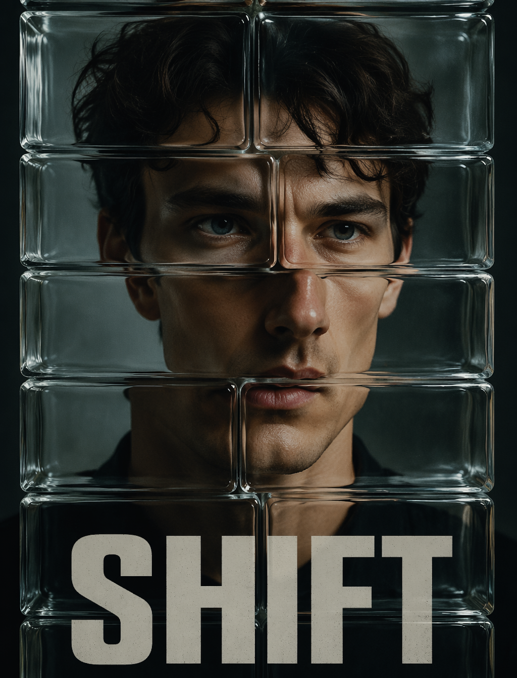 The portrait is viewed through stacked glass bricks.Each brick slightly…
