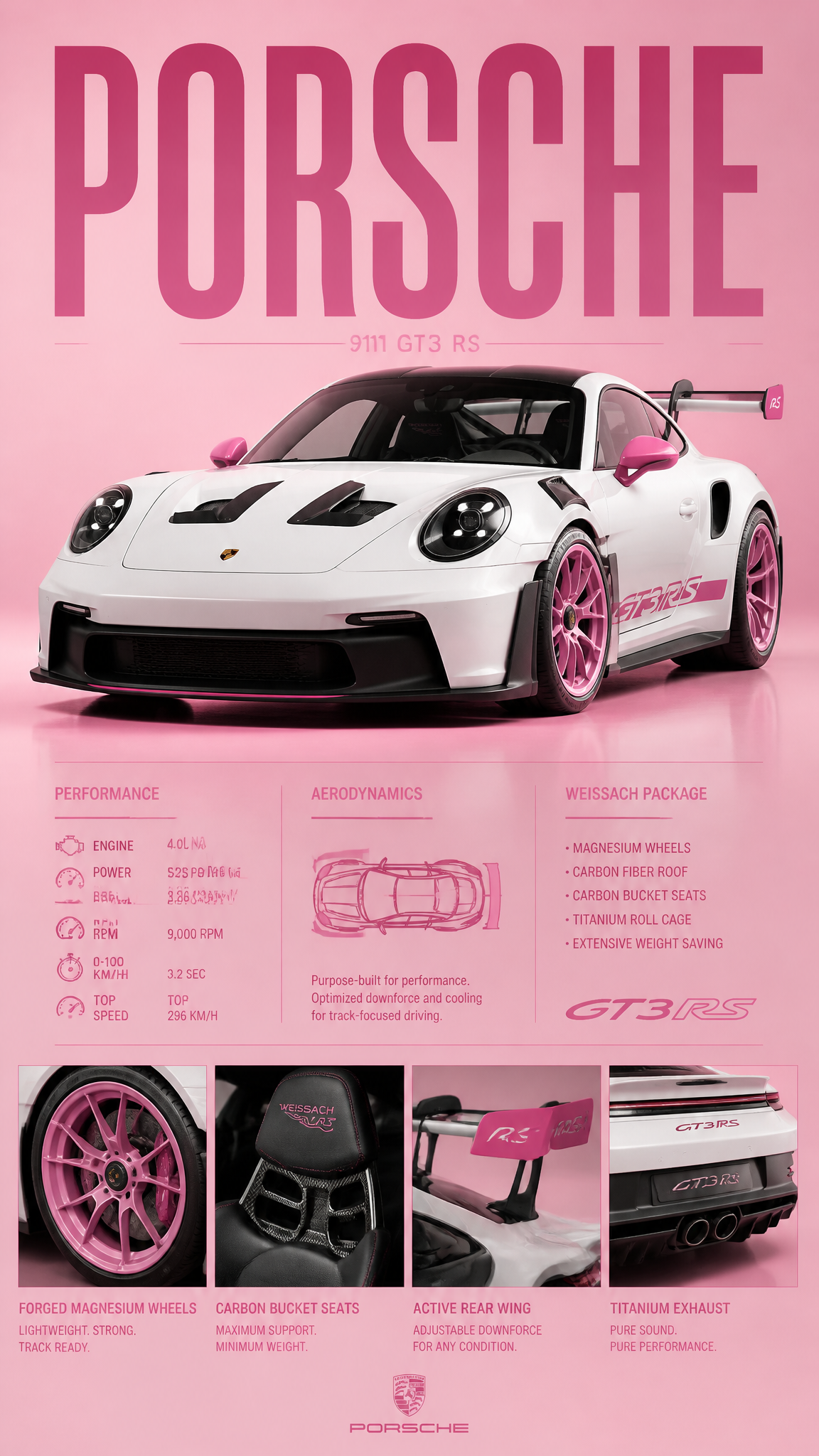 A high-contrast studio editorial poster featuring a pristine white Pors…
