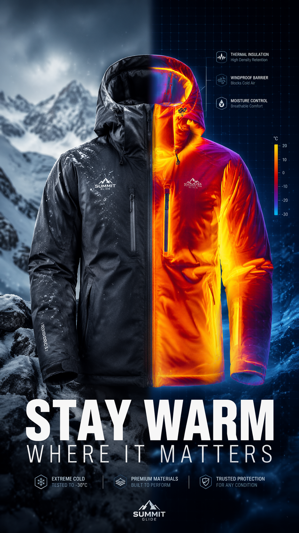 A premium 9:16 winter jacket advertising poster.Main Subject:A premium …