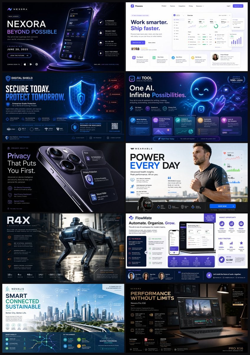 Create a premium tech launch poster for [App/Device Name], hero interfa…