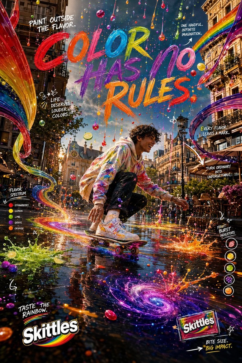 Create an ultra-premium global Skittles campaign titled: PAINT OUTSIDE …