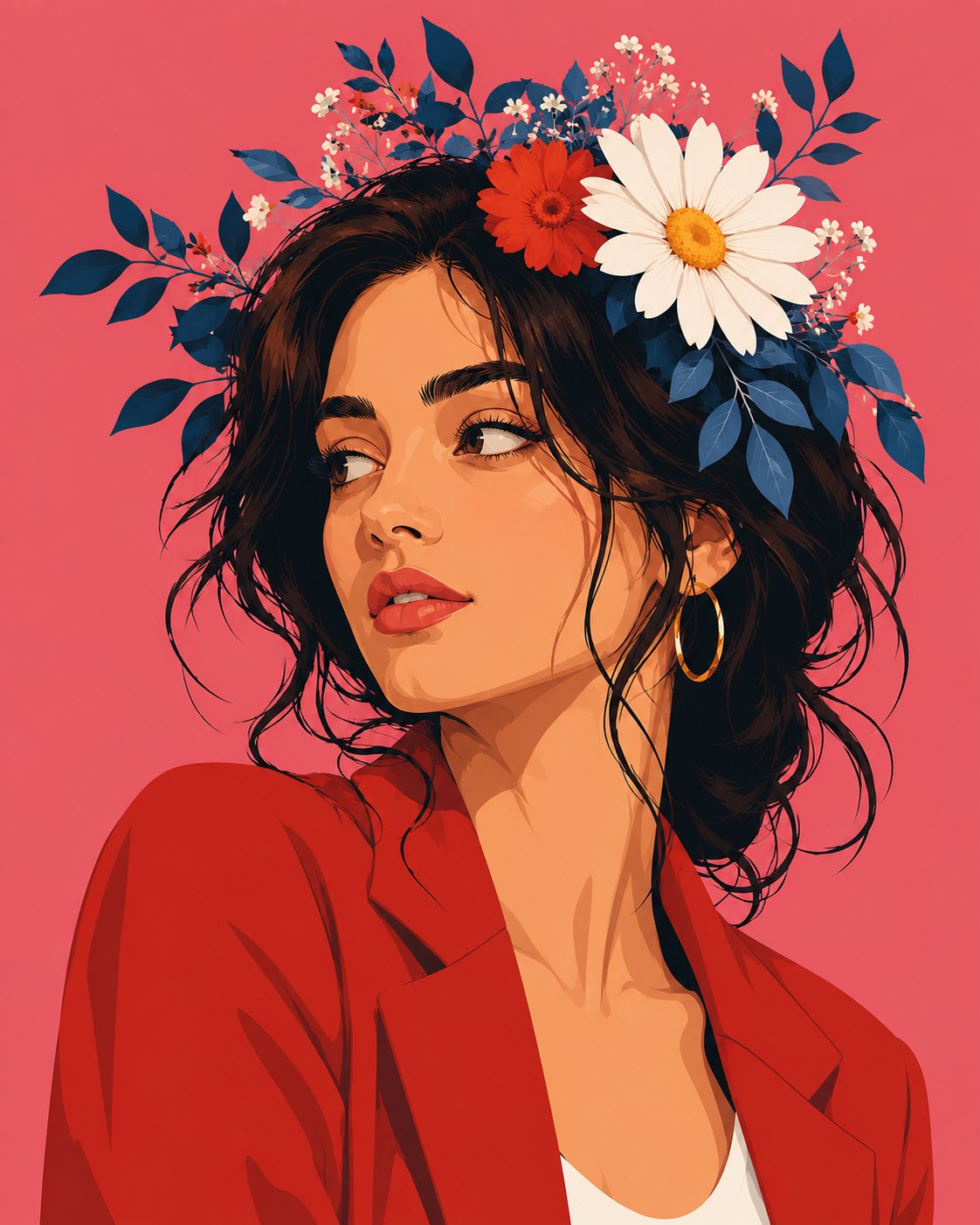Wide flat vector illustration poster, woman with floral crown glancing … 1