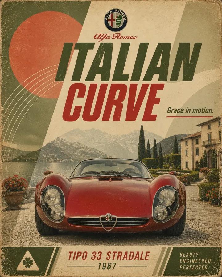 Retro motorsport poster for [CAR], 4:5 vertical. Show a front-facing lo… 1