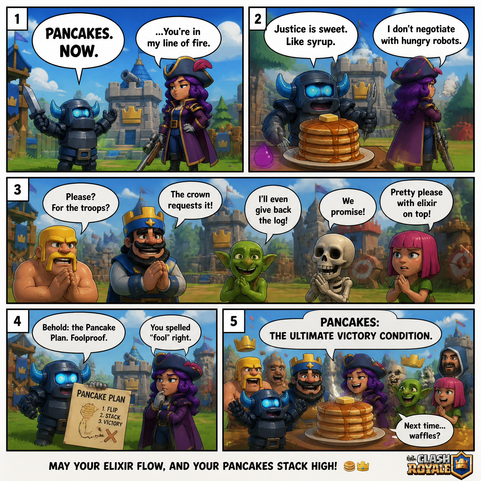 use character of game called clash Royale and create a humorous talking…