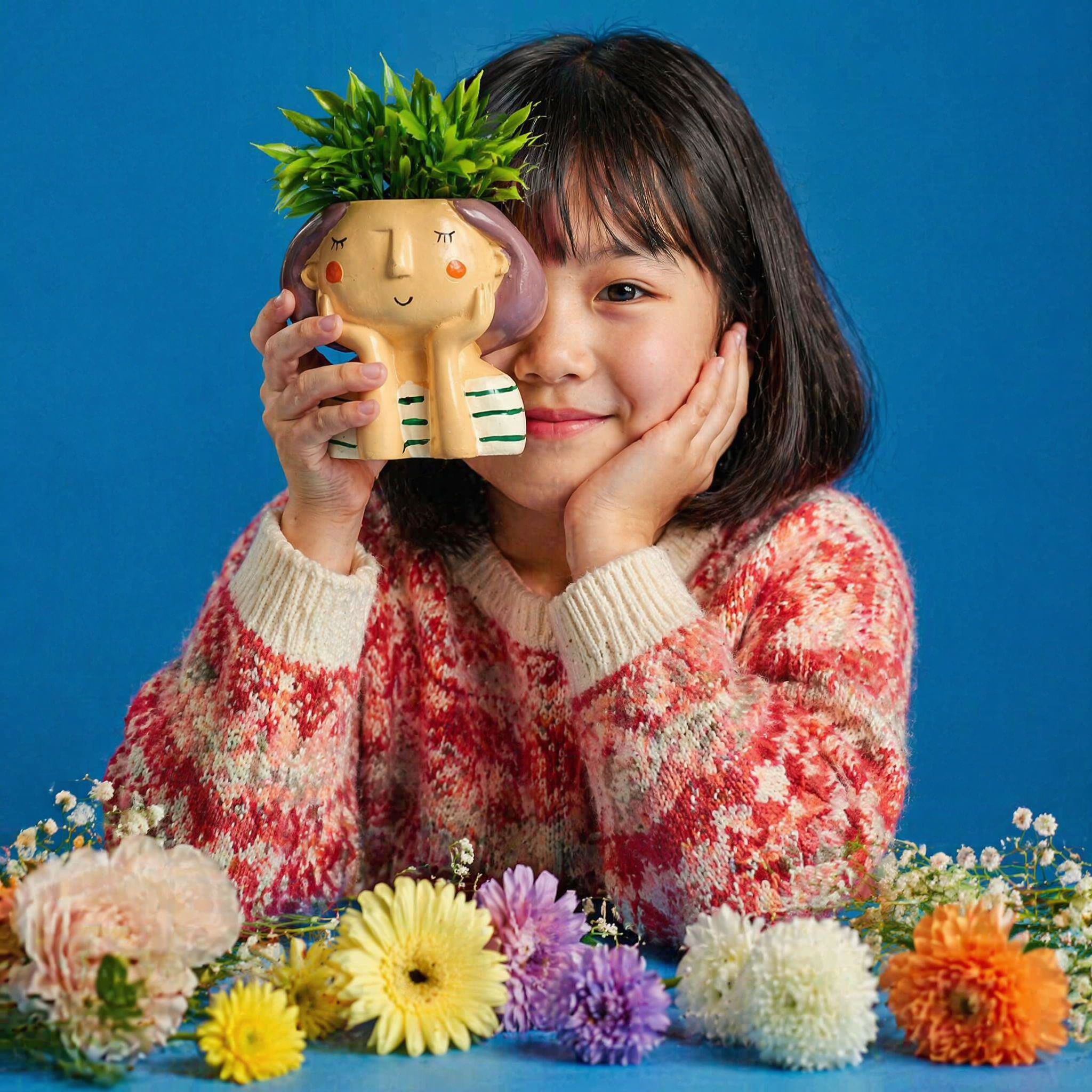 A cute young girl with short black hair and bangs smiling while holding…