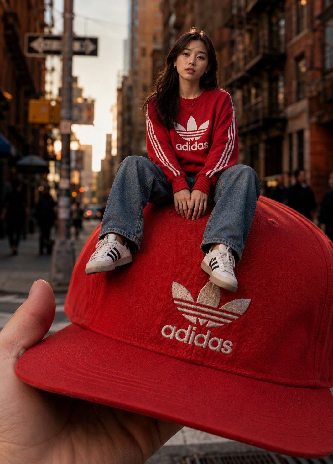 A photorealistic forced-perspective street photography scene where a gi…