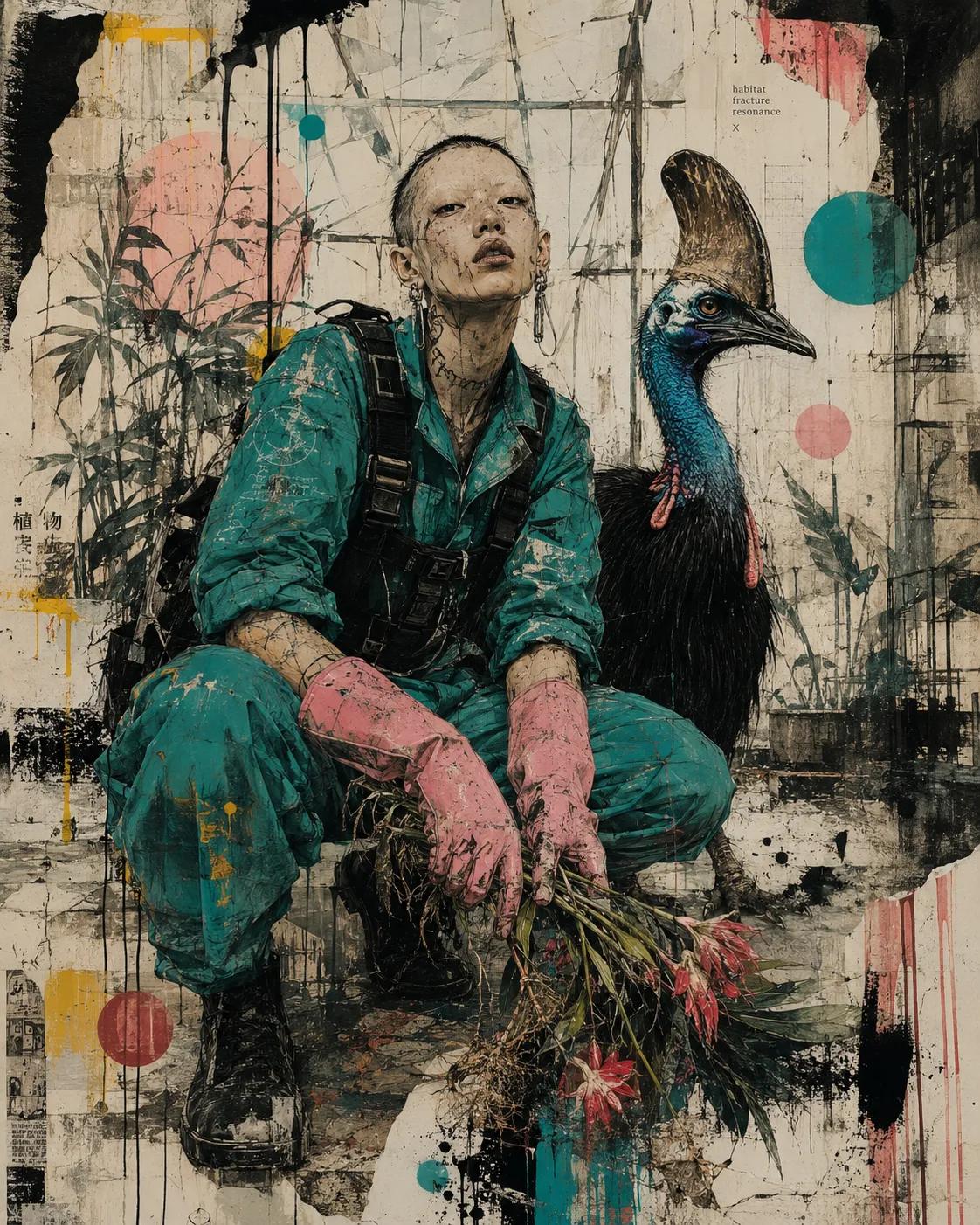 Create a raw neo-urban surrealist portrait in a rain-soaked industrial … 2