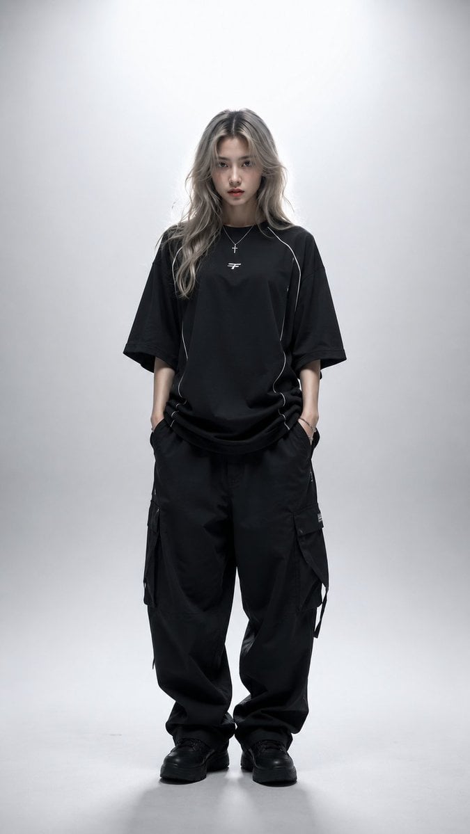 Ultra-realistic high-fashion editorial studio portrait of a young woman…