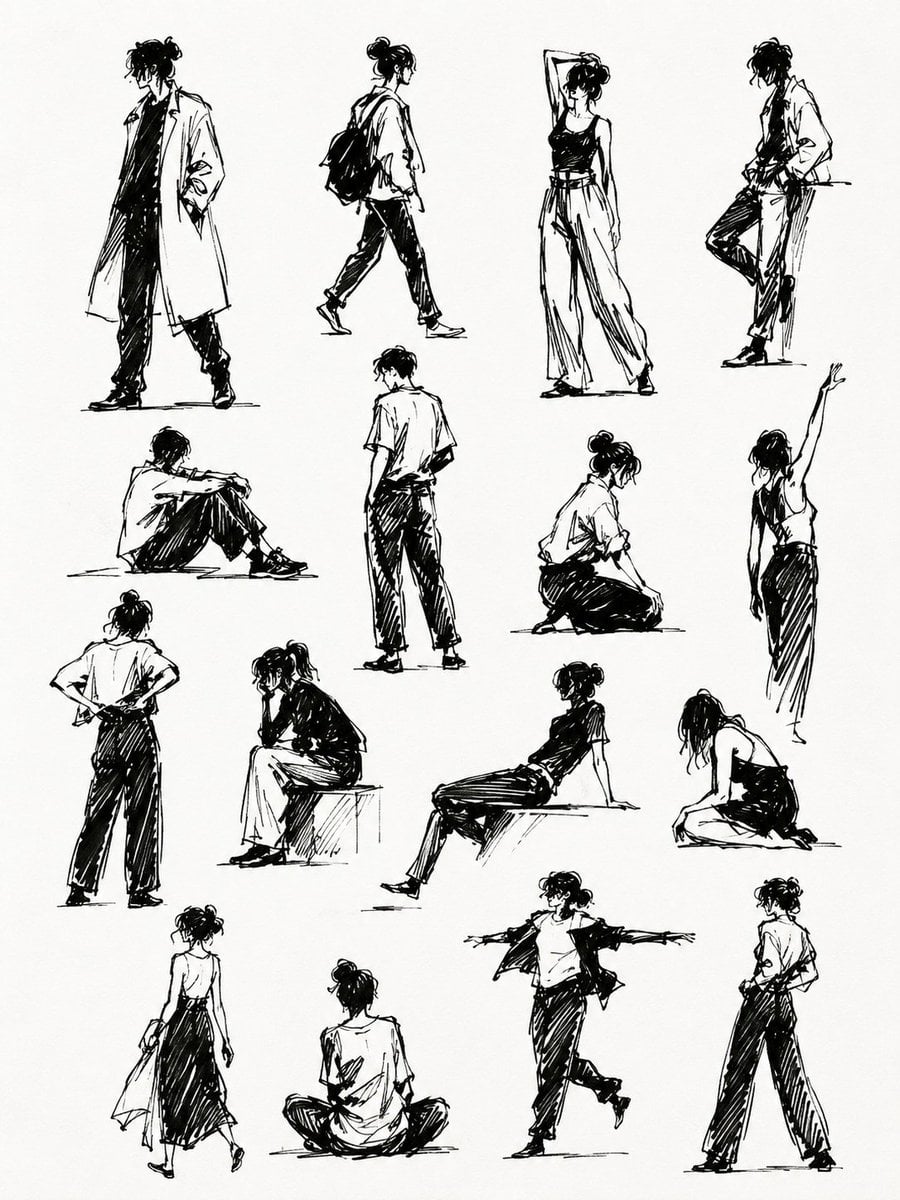 Create image A clean sketchbook page filled with multiple black ink hum…