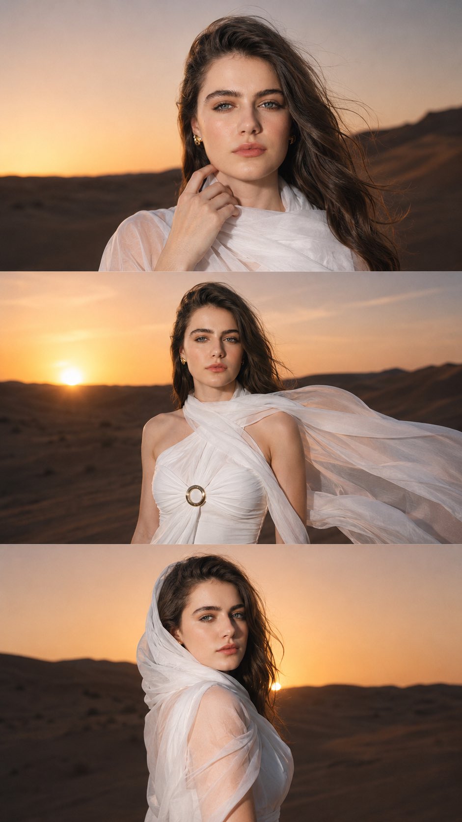 Vertical three-panel cinematic collage, stacked top to bottom, 9:16. Sa… 1