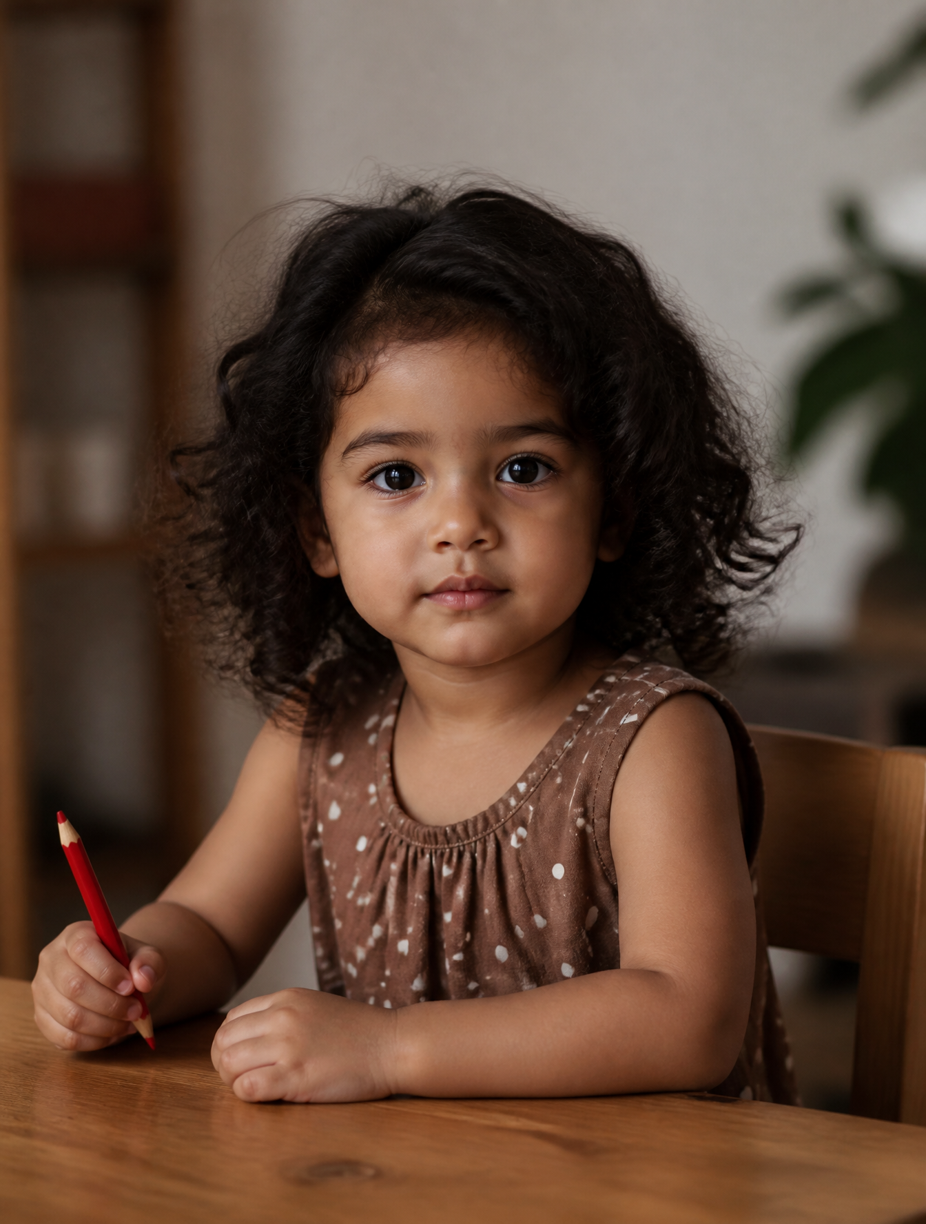 Subject and Action A candid portrait of a toddler with voluminous curly…