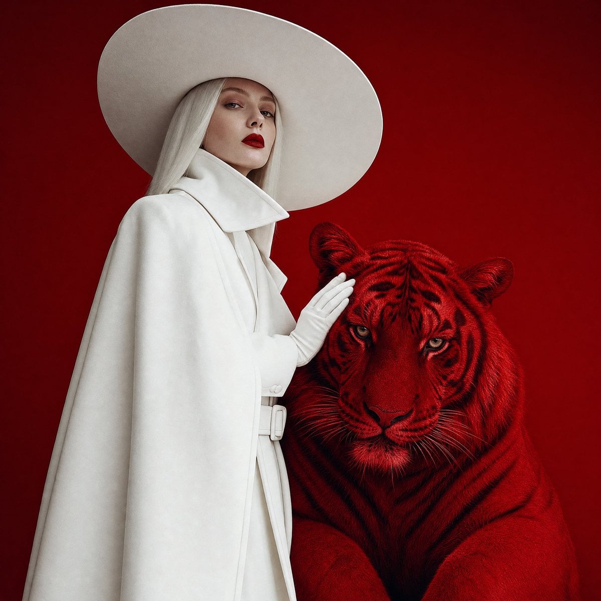 Surreal fashion editorial portrait, woman in full white wide-brim hat a…