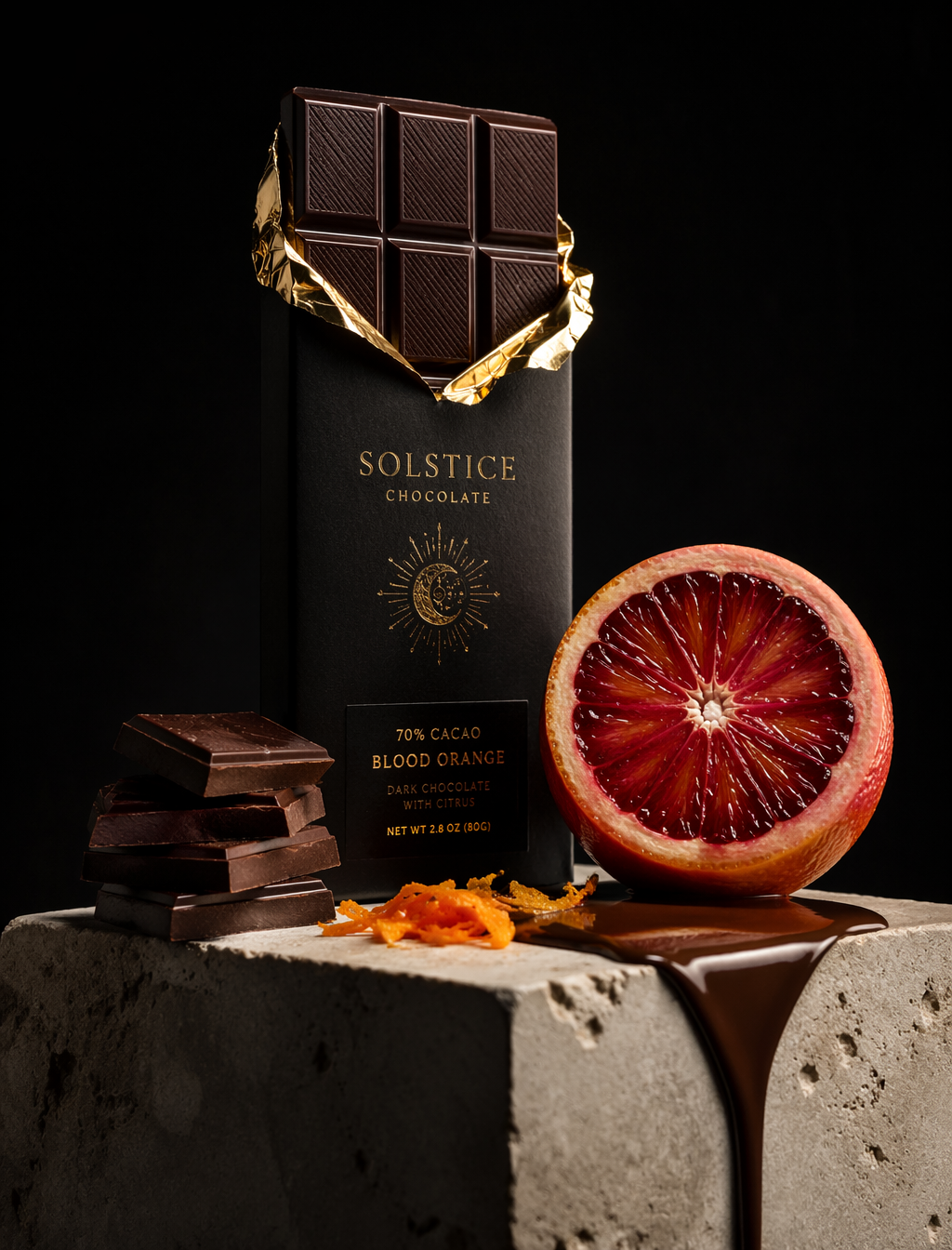 A premium dark chocolate bar wrapped in matte black paper with gold foi…