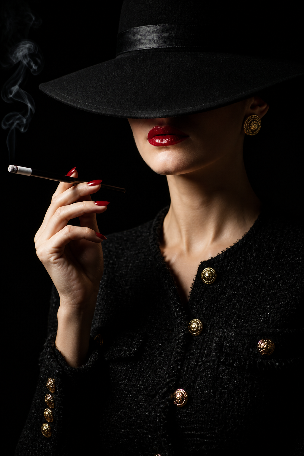 A sophisticated woman in a high-fashion black tweed jacket with gold bu…