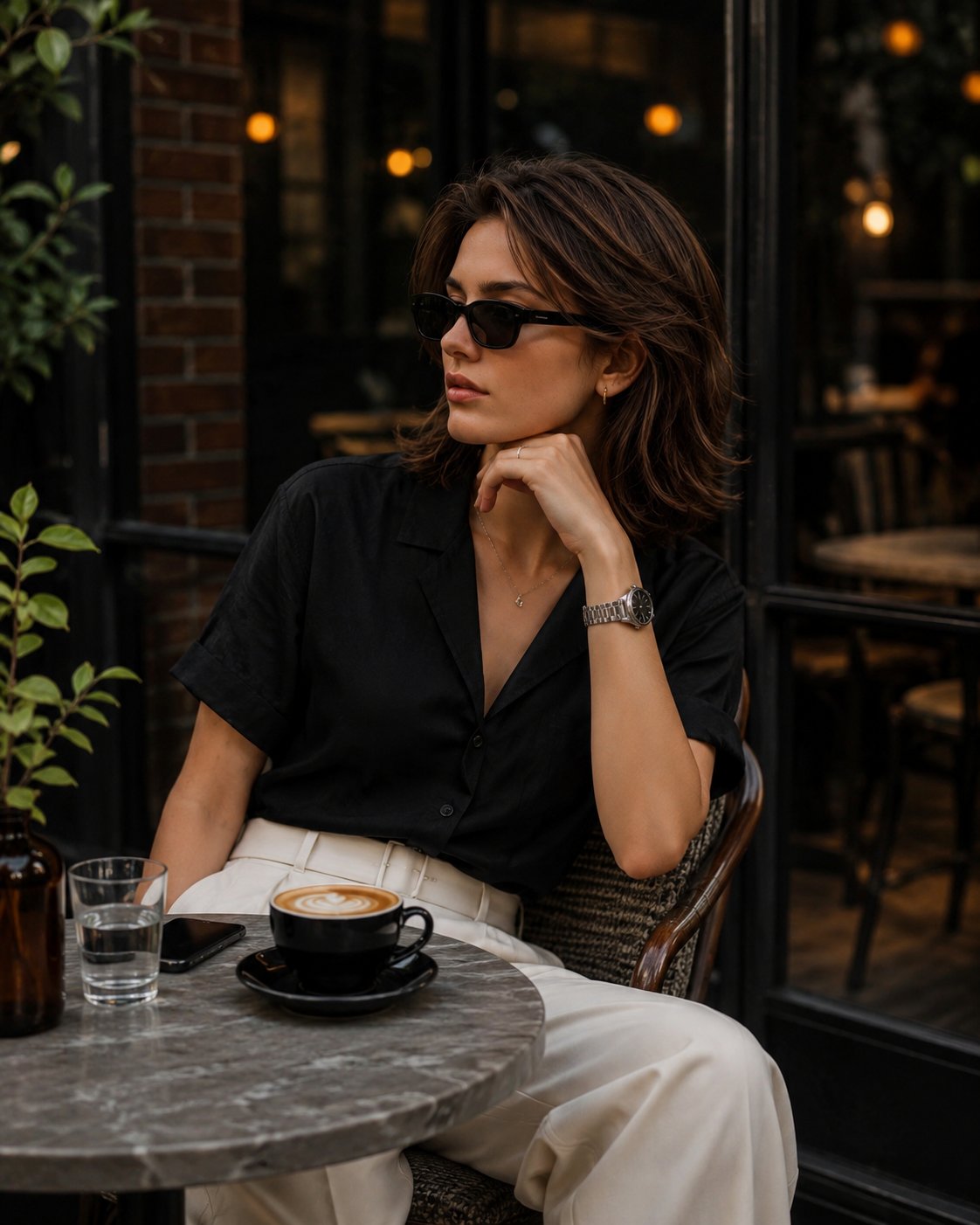 Create an elegant café lifestyle portrait of a fashionable young woman …