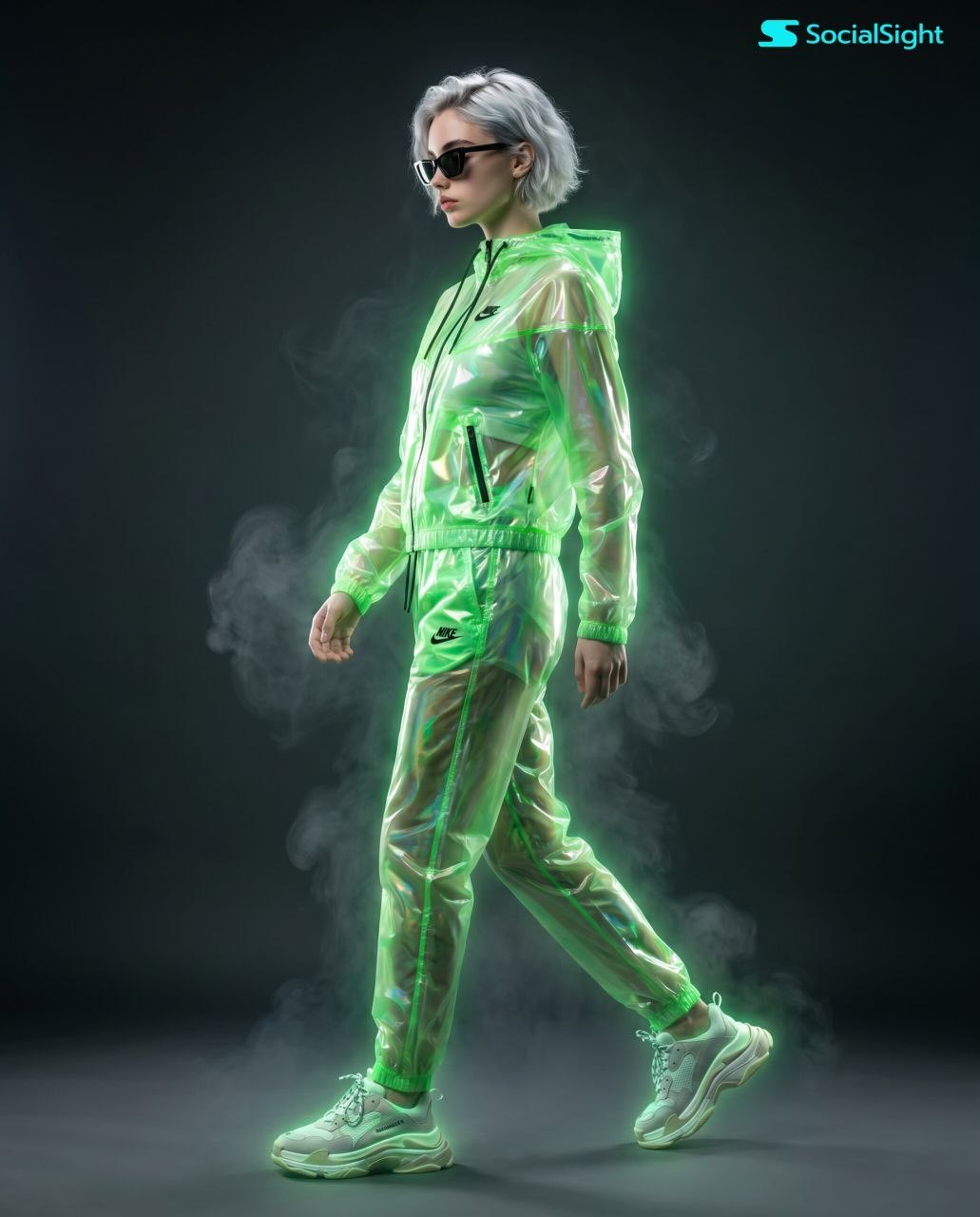 Futuristic fashion editorial, full-body side profile of a young woman w…