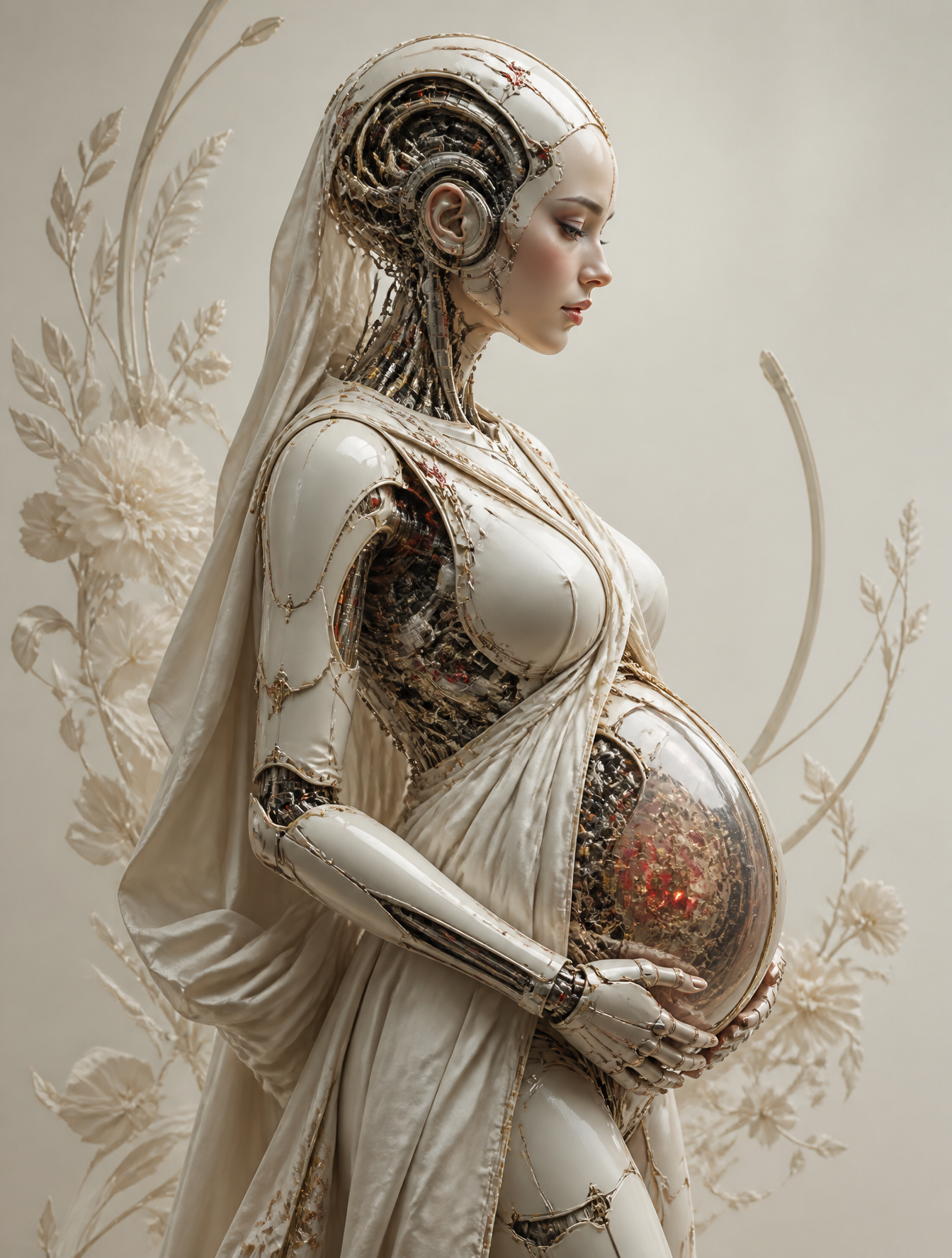 A breathtaking futuristic biomechanical maternity portrait of a pregnan…