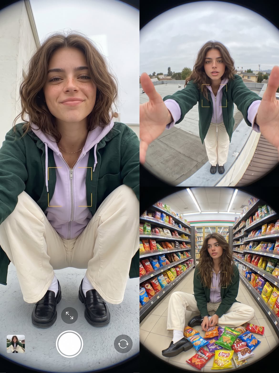 Fashion diary composed of three exaggerated fisheye smartphone photos. … 1