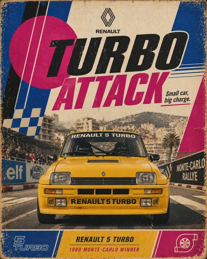 Retro motorsport poster for [CAR], 4:5 vertical. Show a front-facing lo… 2