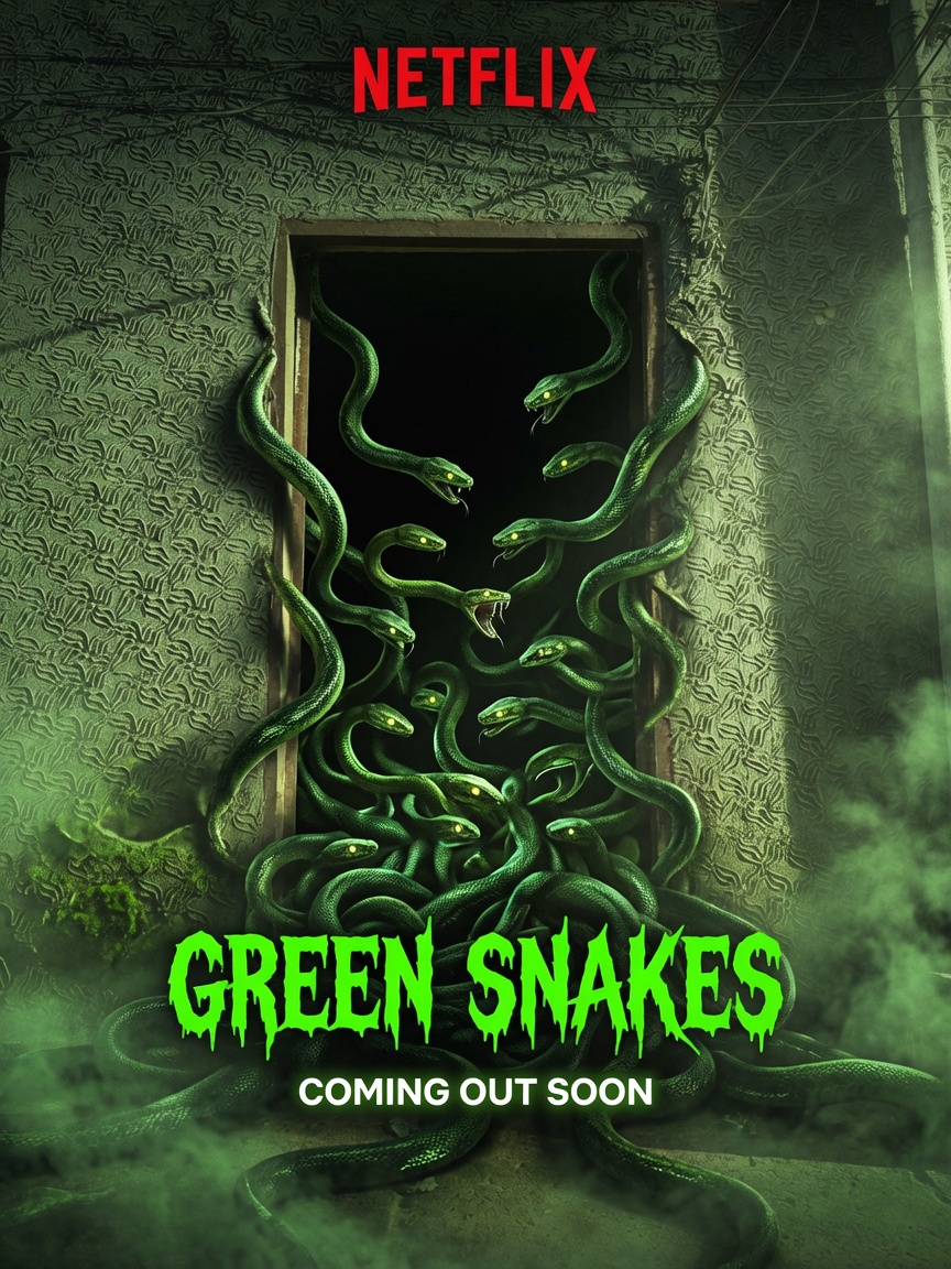 Create a Netflix thriller design Make bunch of green snakes coming out …