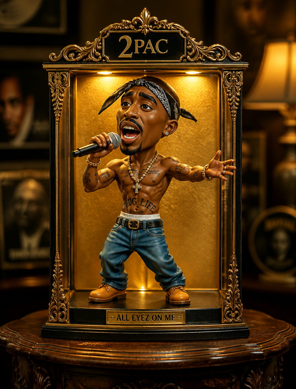 A stylized, exaggerated cartoon figurine of 2Pac, appearing to be a sin…