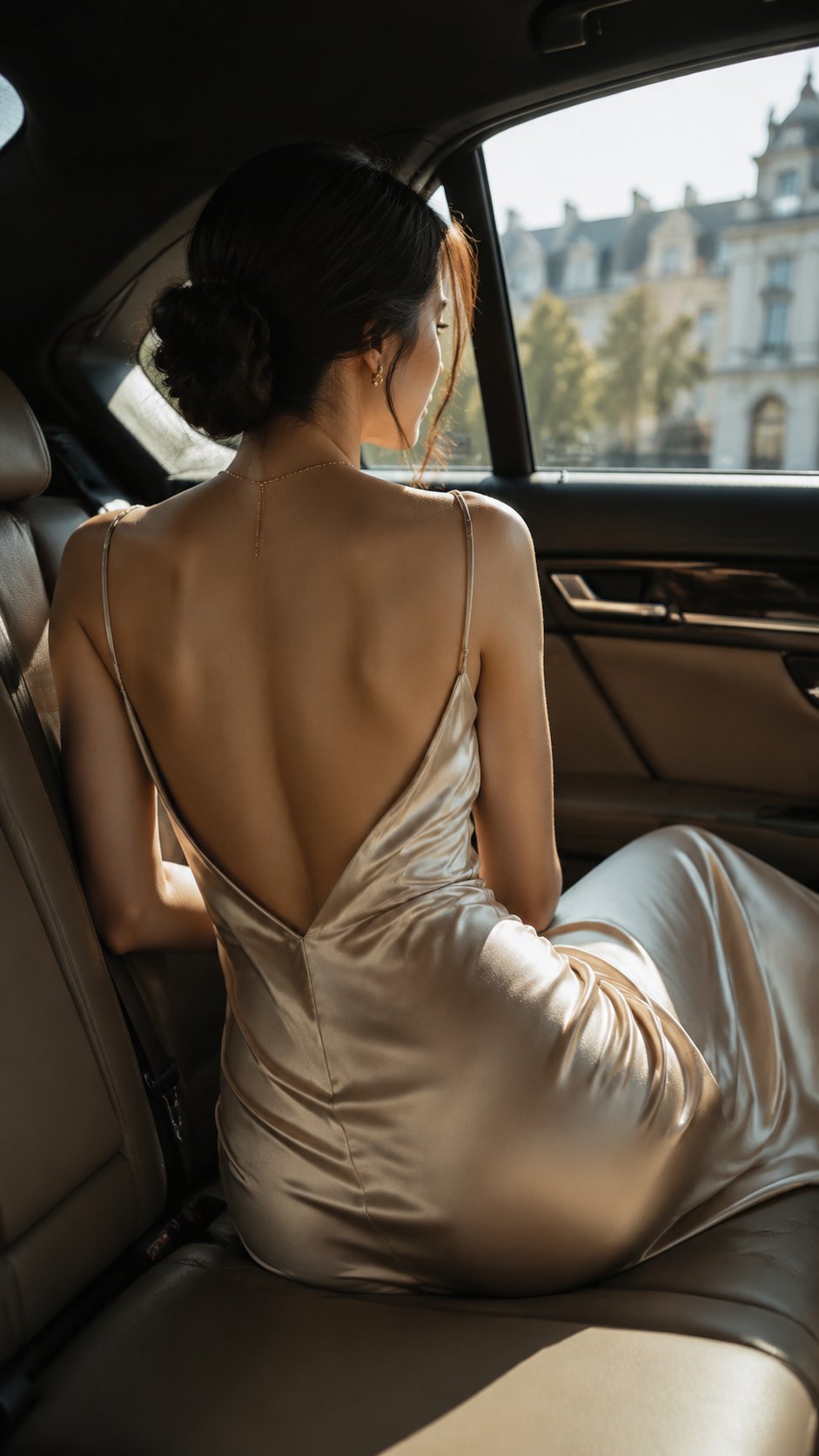 Realistic backless fashion editorial inside a luxury car, vertical 9:16… 3
