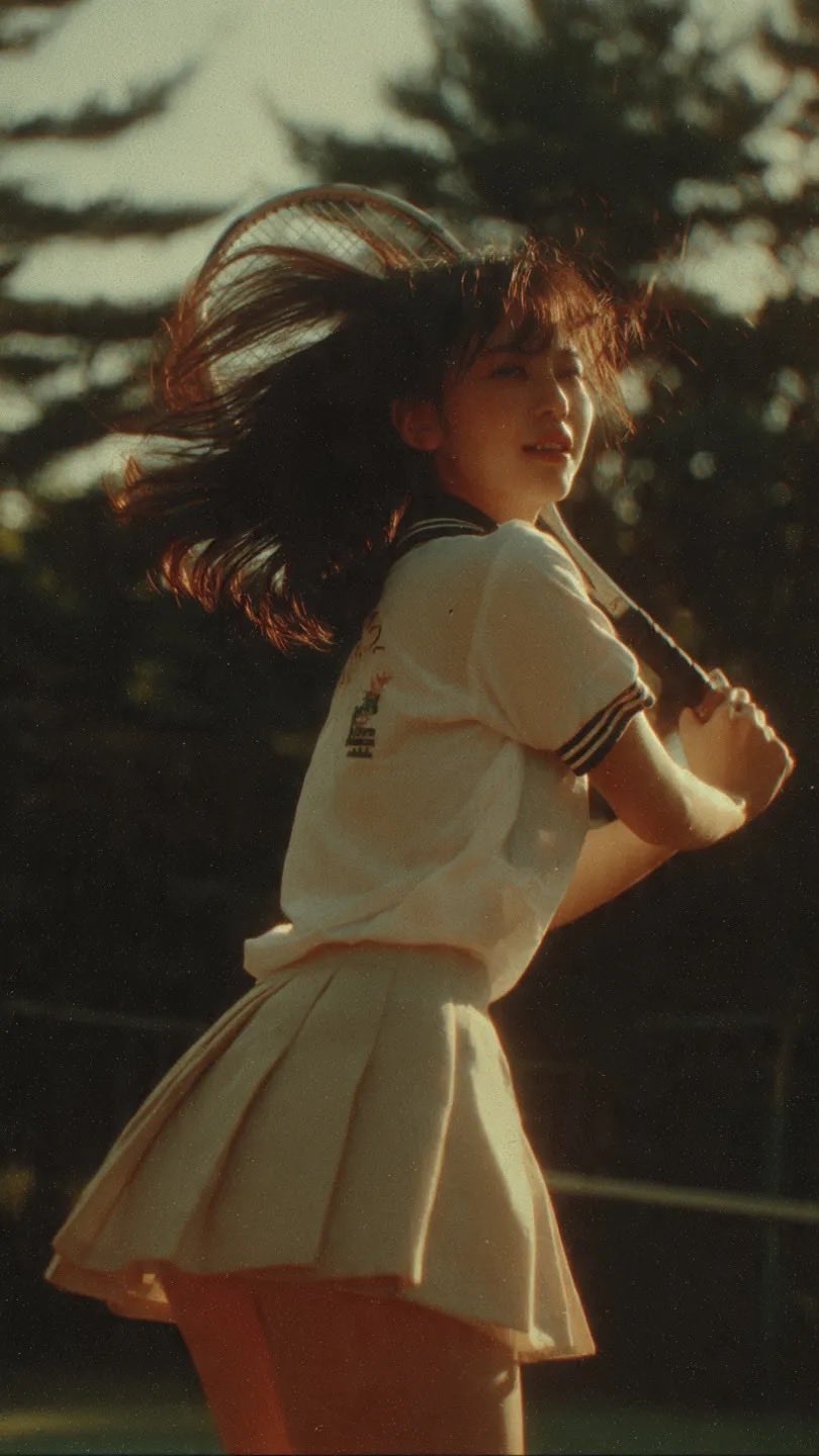 Cinematic middle shot of a Japanese teenage girl in tennis uniform, cap…