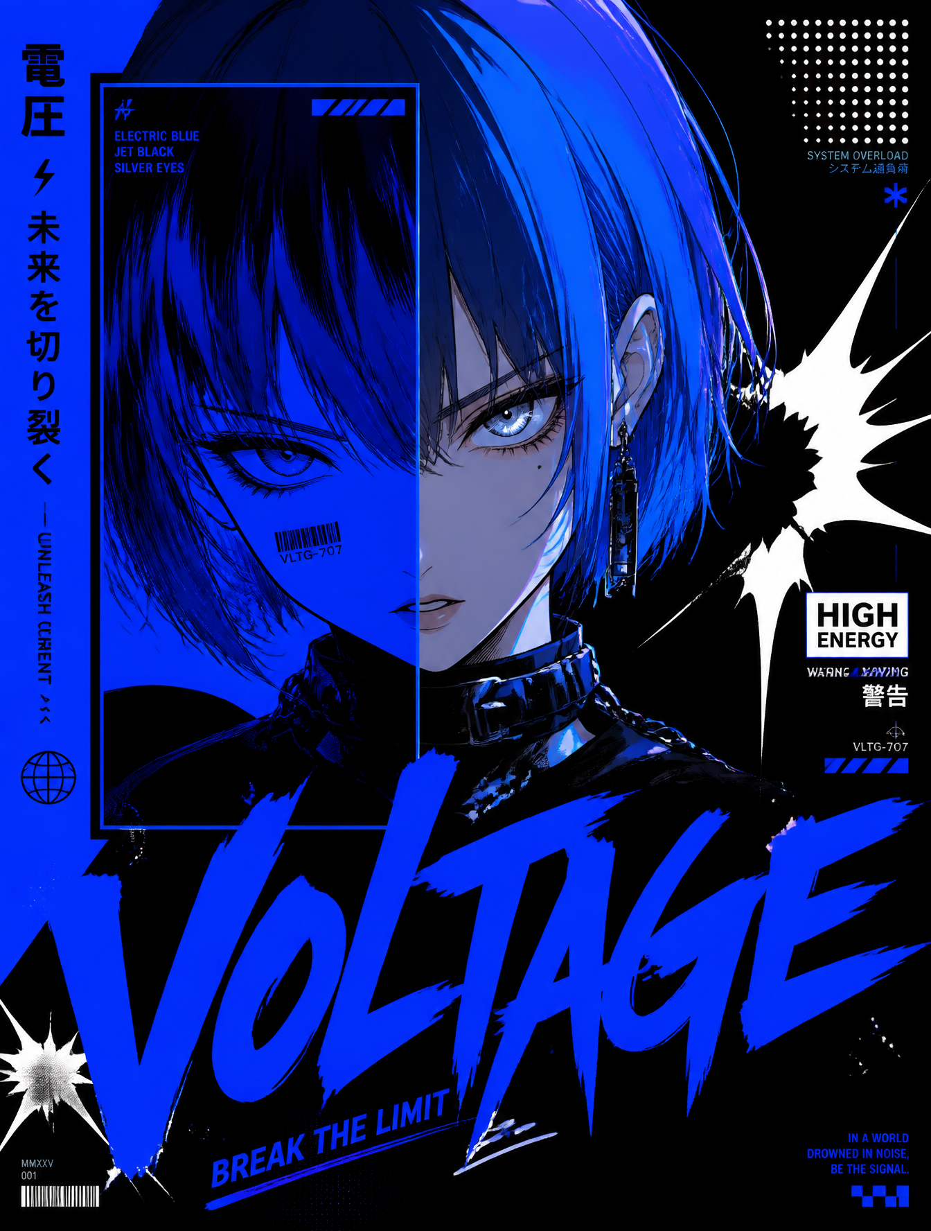 Electric Blue & Jet BlackAnime girl with short electric blue bob haircu…