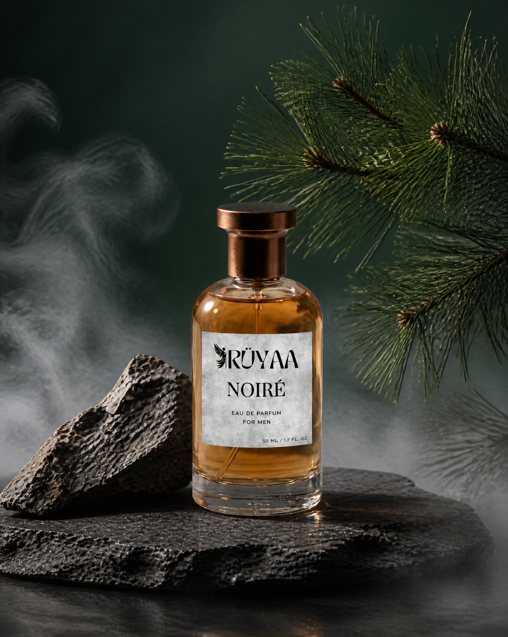 A perfume bottle sits centered on a rough-hewn slate slab, positioned a…