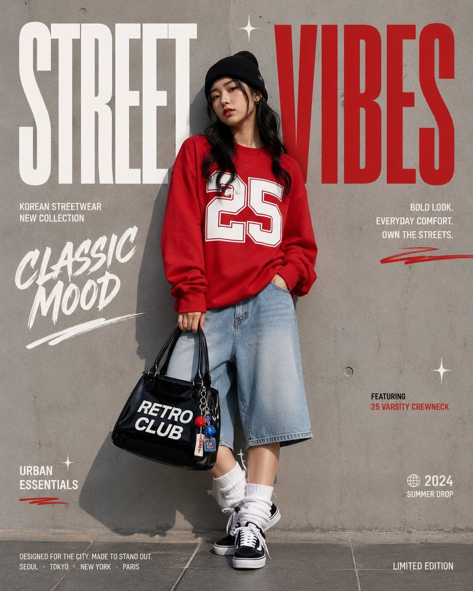 Create a premium Korean streetwear fashion campaign in a clean minimali…