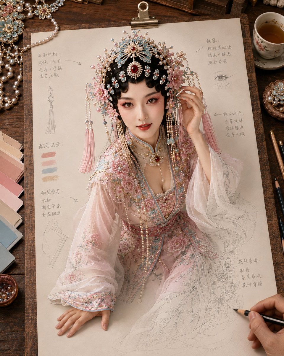 生成一张《纸上成真 · 戏韵妆造稿》风格图片，4:5 竖版。 主题为[主题]。画面是一张米白色戏曲妆造设定稿纸夹在木质画板上，置于温暖木色工作…
